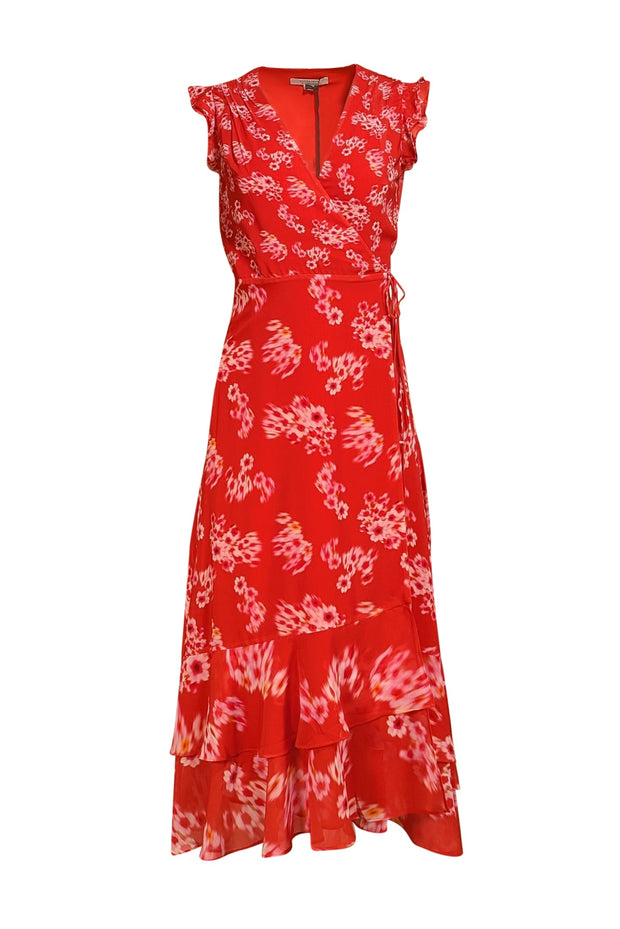 All Saints - Red & Pink Floral Flutter Cap Sleeve Wrap "Dela Jasmine" Dress Sz 0 - Current Boutique
