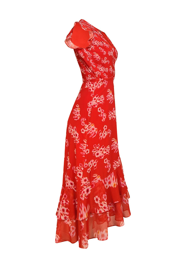 All Saints - Red & Pink Floral Flutter Cap Sleeve Wrap "Dela Jasmine" Dress Sz 0 - Current Boutique