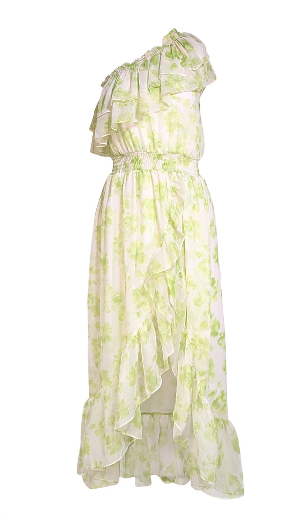 Misa - Green & Ivory Floral One Shoulder Ruffle Dress Sz S - Current Boutique