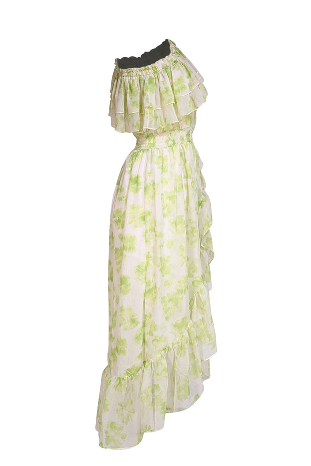 Misa - Green & Ivory Floral One Shoulder Ruffle Dress Sz S - Current Boutique
