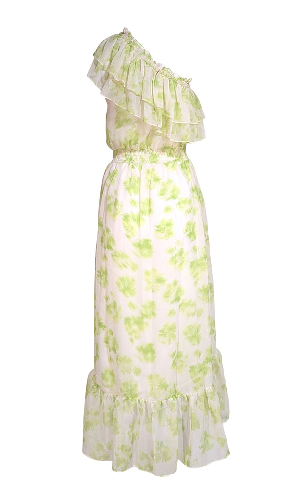Misa - Green & Ivory Floral One Shoulder Ruffle Dress Sz S - Current Boutique