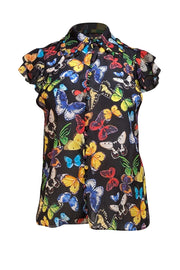 Alice & Olivia - Black & Multicolor Butterfly Print Cap Sleeve Blouse Sz XS