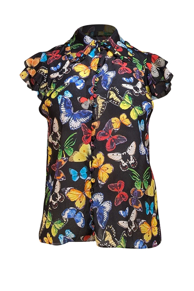 Alice & Olivia - Black & Multicolor Butterfly Print Cap Sleeve Blouse Sz XS
