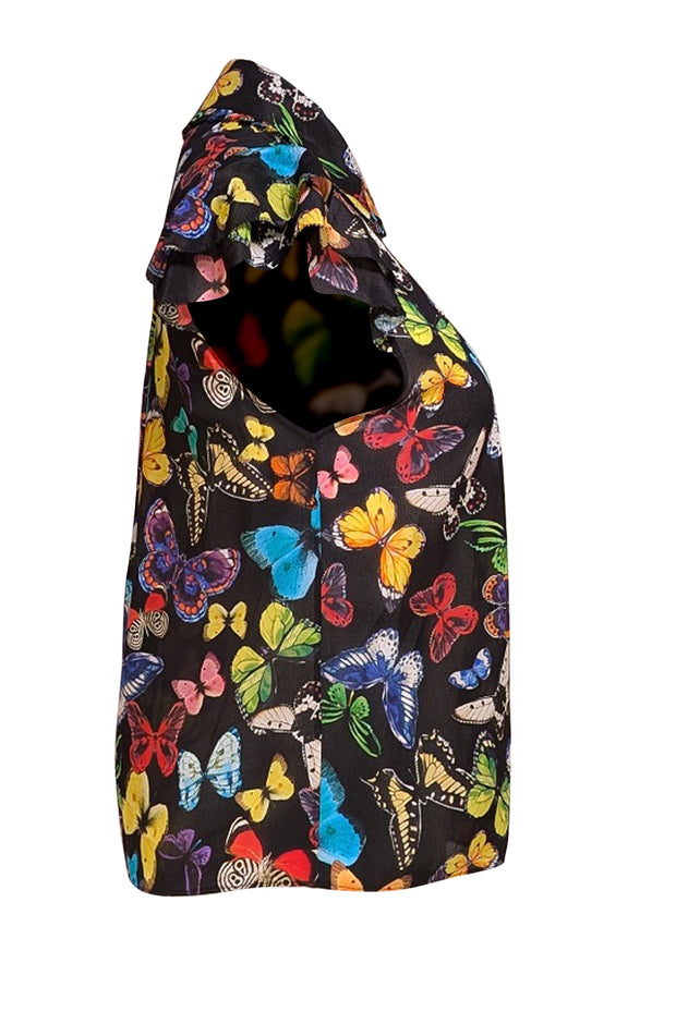 Alice & Olivia - Black & Multicolor Butterfly Print Cap Sleeve Blouse Sz XS