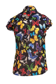 Alice & Olivia - Black & Multicolor Butterfly Print Cap Sleeve Blouse Sz XS