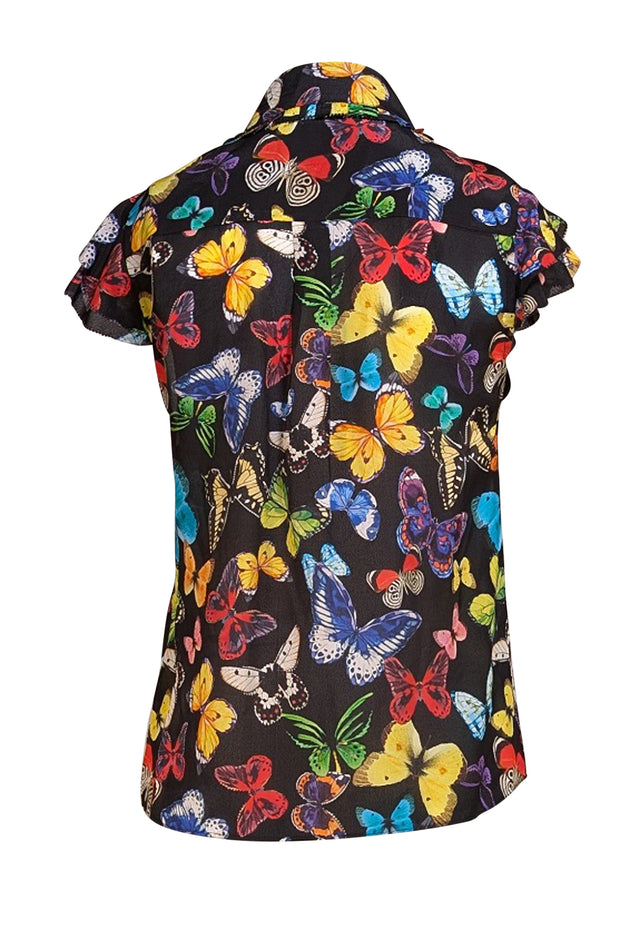 Alice & Olivia - Black & Multicolor Butterfly Print Cap Sleeve Blouse Sz XS