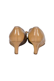 Prada - Beige Patent Textured Leather Bow Toe Wedge Heels Sz 6.5 - Current Boutique