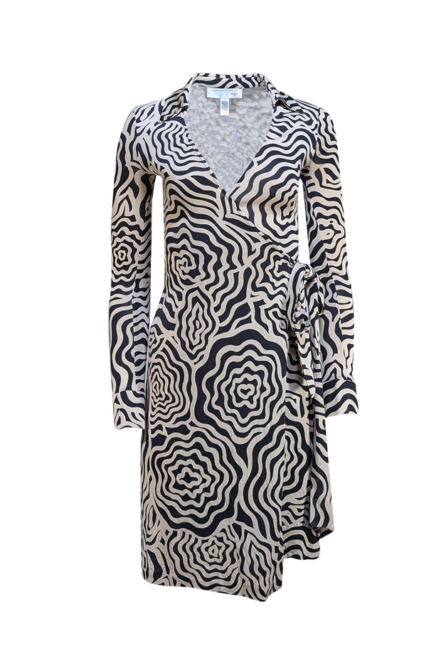Diane von Furstenberg - Cream & Black Print Silk Wrap Dress Sz 0 - Current Boutique