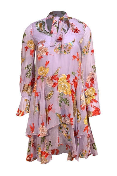 Alice & Olivia - Lavender & Multi Color Floral Long Sleeve Neck Tie Dress Sz XS - Current Boutique