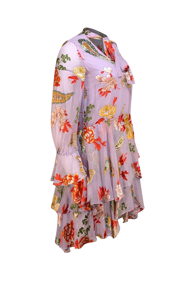 Alice & Olivia - Lavender & Multi Color Floral Long Sleeve Neck Tie Dress Sz XS - Current Boutique