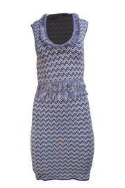 Ronny Kobo - Indigo & White Chevron Print Fringe Trim Bodycon Dress Sz S