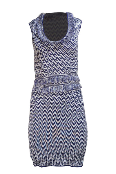 Ronny Kobo - Indigo & White Chevron Print Fringe Trim Bodycon Dress Sz S