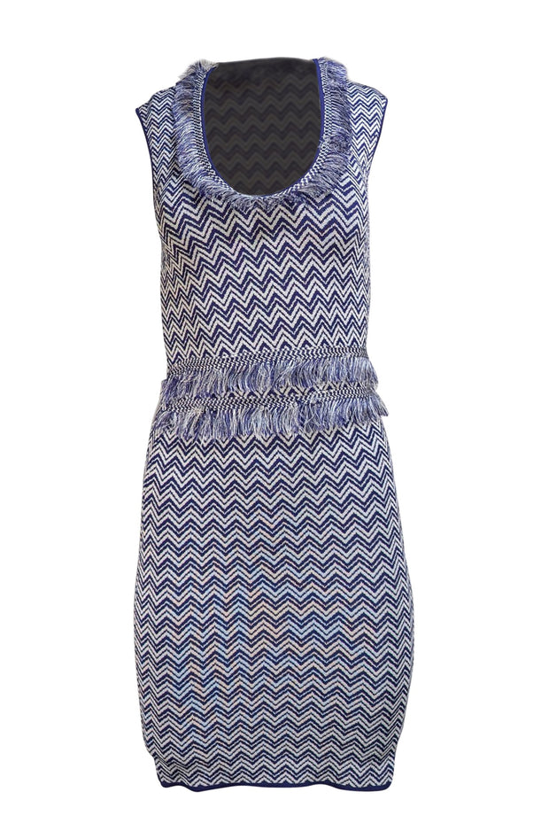 Ronny Kobo - Indigo & White Chevron Print Fringe Trim Bodycon Dress Sz S