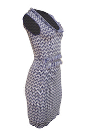 Ronny Kobo - Indigo & White Chevron Print Fringe Trim Bodycon Dress Sz S