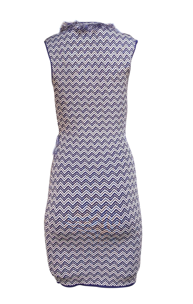 Ronny Kobo - Indigo & White Chevron Print Fringe Trim Bodycon Dress Sz S