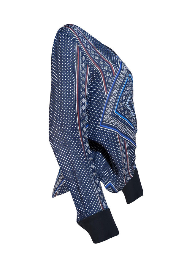 Derek Lam - Navy & Burgundy Print Wrap Long Sleeve Top Sz 8 - Current Boutique