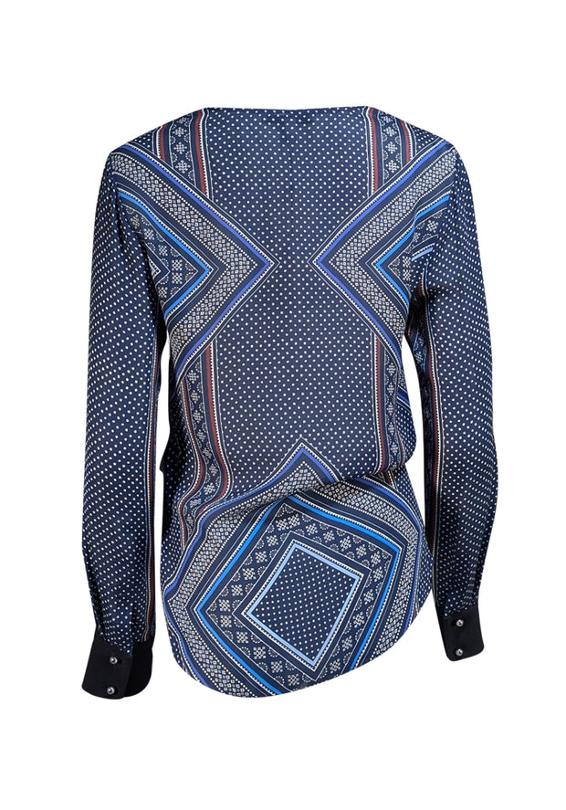 Derek Lam - Navy & Burgundy Print Wrap Long Sleeve Top Sz 8 - Current Boutique