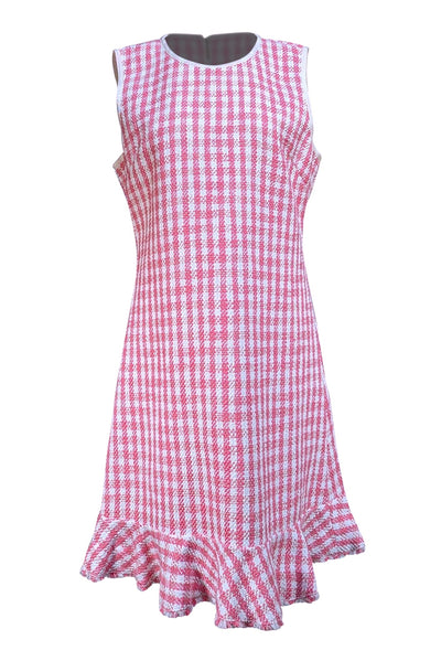 Kate Spade - Pink & Ivory Checkered Tweed Ruffle Hem Dress Sz 14 - Current Boutique
