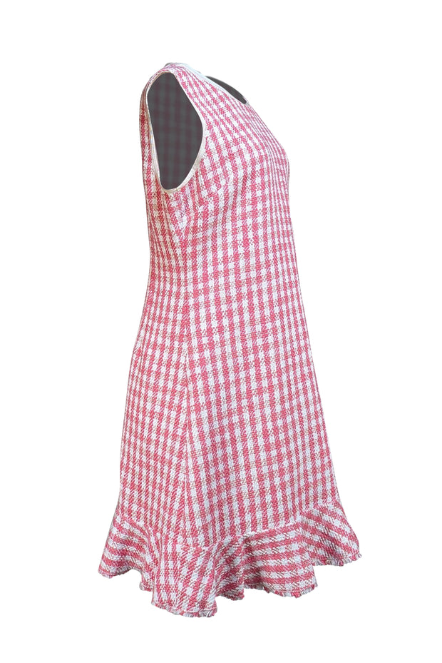 Kate Spade - Pink & Ivory Checkered Tweed Ruffle Hem Dress Sz 14 - Current Boutique