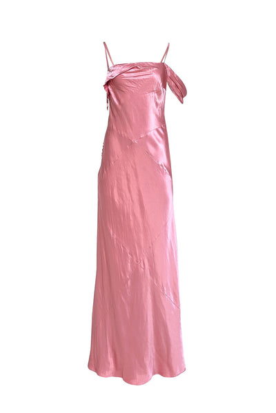 For Love & Lemons - Mauve Satin Asymmetrical Cowlneck Maxi Dress Sz L - Current Boutique