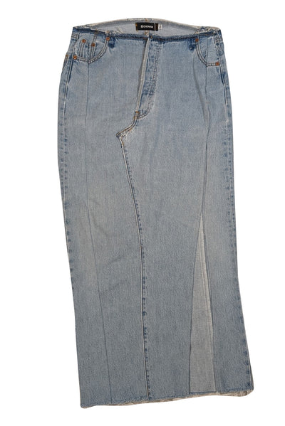 EB Denim - Light Wash Blue Denim Distressed Trim Maxi Skirt Sz S - Current Boutique