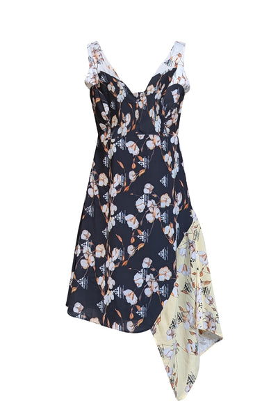 Off-White - Black, White, & Yellow Floral Sleeveless Asymmetrical Hem Dress Sz L - Current Boutique