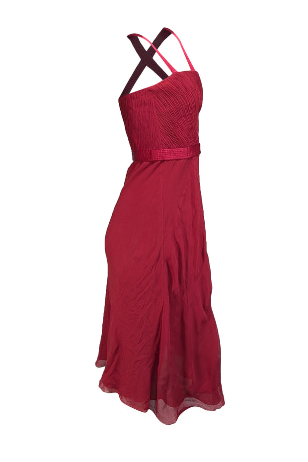 Armani Collezioni - Red Ruched Bodice Cross Strap Sleeveless Dress Sz 8 - Current Boutique