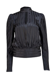 Frame - Black Striped Silk Jacquard Puff Sleeve Blouse Sz S - Current Boutique