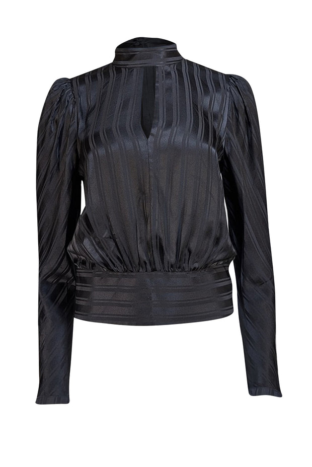 Frame - Black Striped Silk Jacquard Puff Sleeve Blouse Sz S - Current Boutique