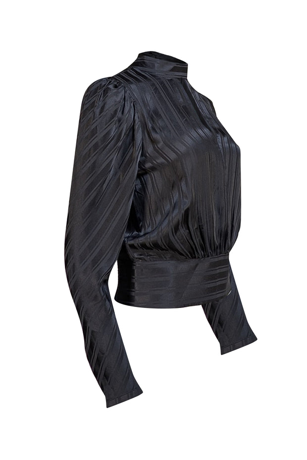 Frame - Black Striped Silk Jacquard Puff Sleeve Blouse Sz S - Current Boutique