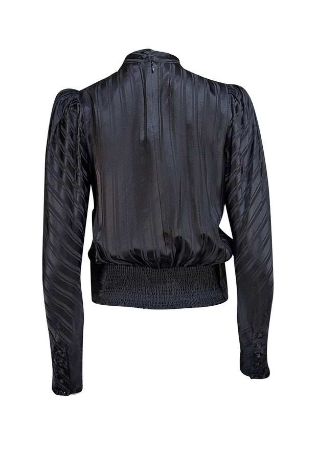 Frame - Black Striped Silk Jacquard Puff Sleeve Blouse Sz S - Current Boutique