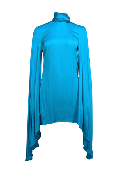 Rat & Boa - Bright Blue High Neck Satin Mini Dress w/ Flared Sleeves Sz M - Current Boutique