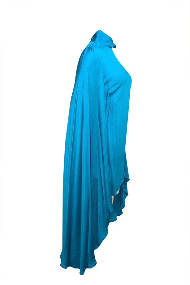 Rat & Boa - Bright Blue High Neck Satin Mini Dress w/ Flared Sleeves Sz M - Current Boutique