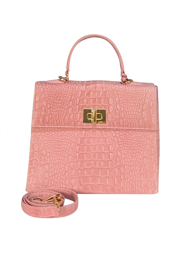 Sandra J. - Pink Croc Embossed Genuine Leather Satchel Bag - Current Boutique