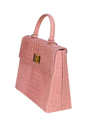 Sandra J. - Pink Croc Embossed Genuine Leather Satchel Bag - Current Boutique