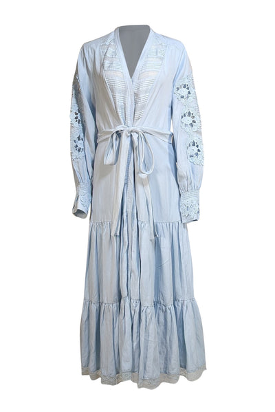 Kobi Halperin - Light Blue Button Front Tie Detail "Maylie" Dress Sz L - Current Boutique