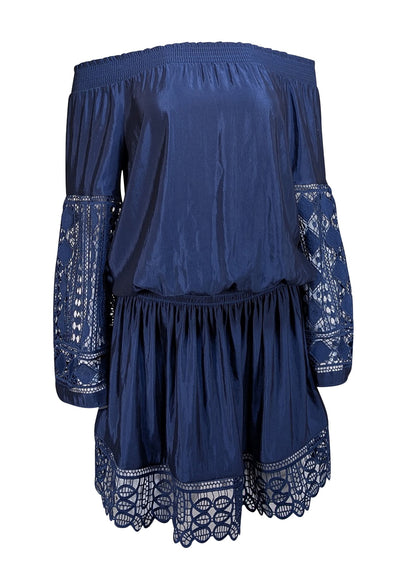 Ramy Brook - Navy Embroidered Trim Sleeve Drop Waist "Lysney" Dress Sz M - Current Boutique