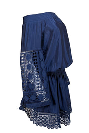 Ramy Brook - Navy Embroidered Trim Sleeve Drop Waist "Lysney" Dress Sz M - Current Boutique