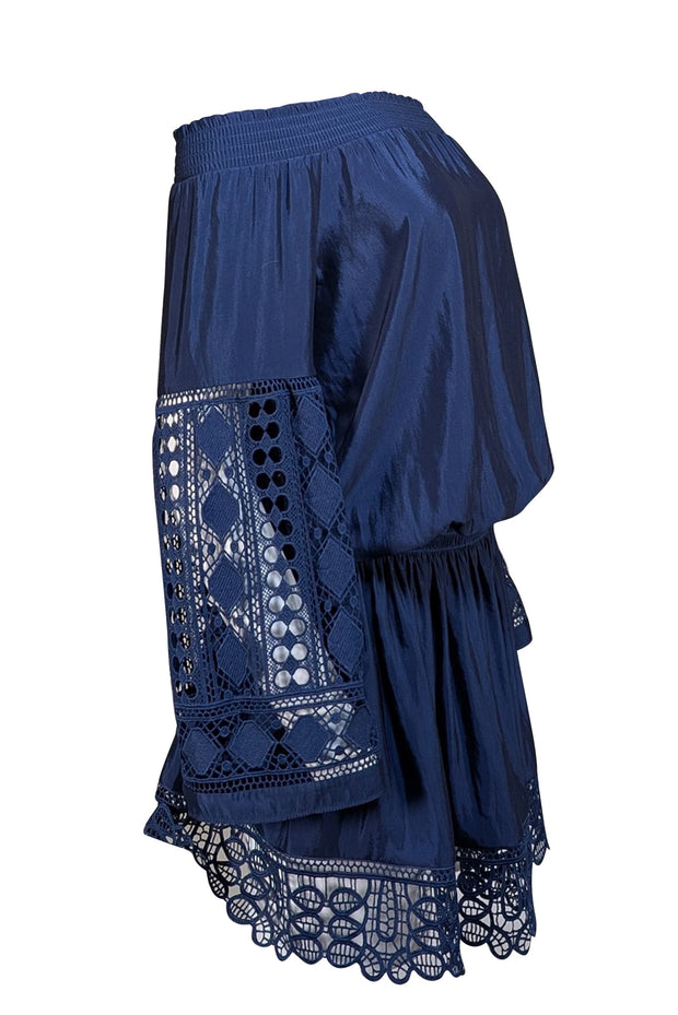 Ramy Brook - Navy Embroidered Trim Sleeve Drop Waist "Lysney" Dress Sz M - Current Boutique