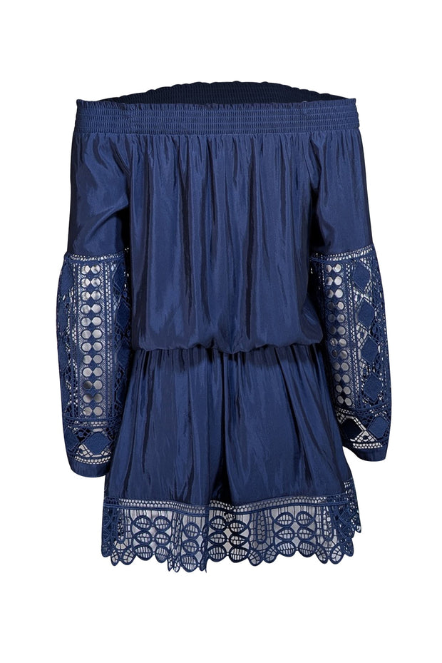 Ramy Brook - Navy Embroidered Trim Sleeve Drop Waist "Lysney" Dress Sz M - Current Boutique
