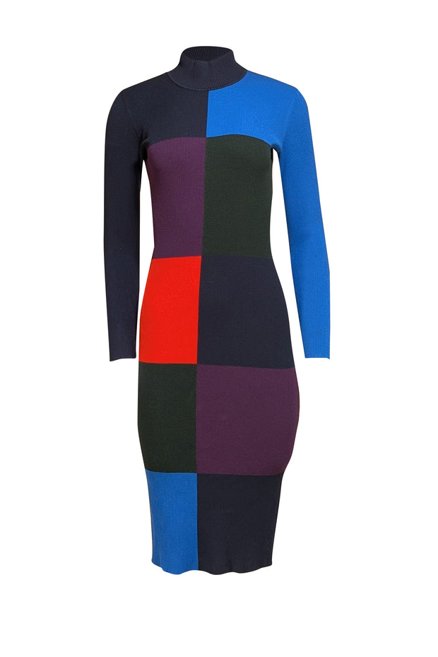 Tory Burch - Black, Blue, Red, & Purple Color Block Ribbed Knit Dress Sz S - Current Boutique