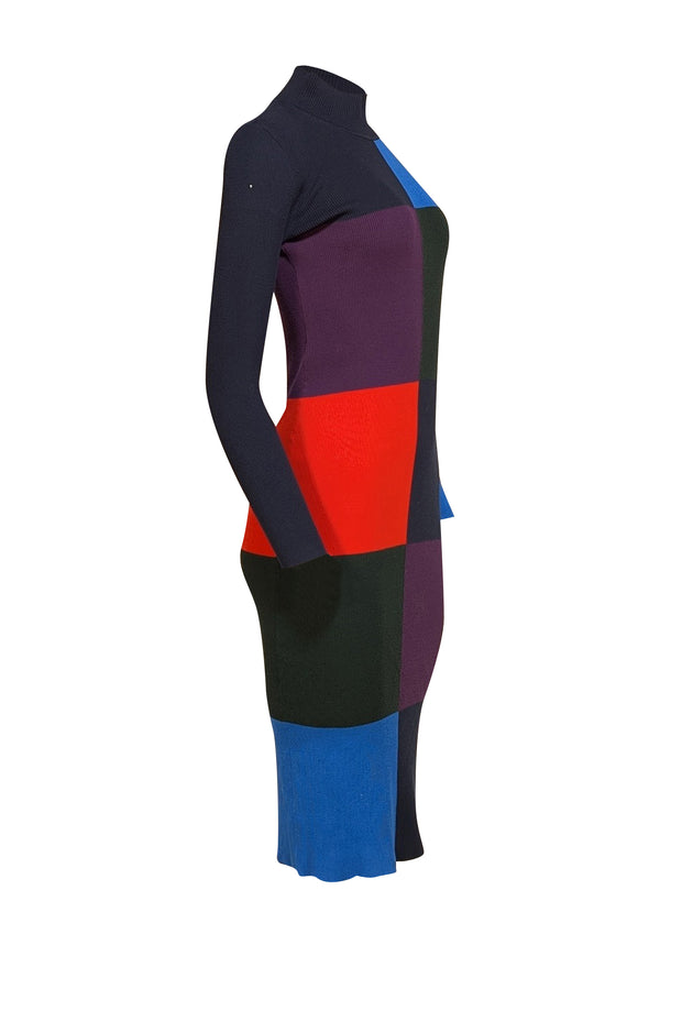 Tory Burch - Black, Blue, Red, & Purple Color Block Ribbed Knit Dress Sz S - Current Boutique