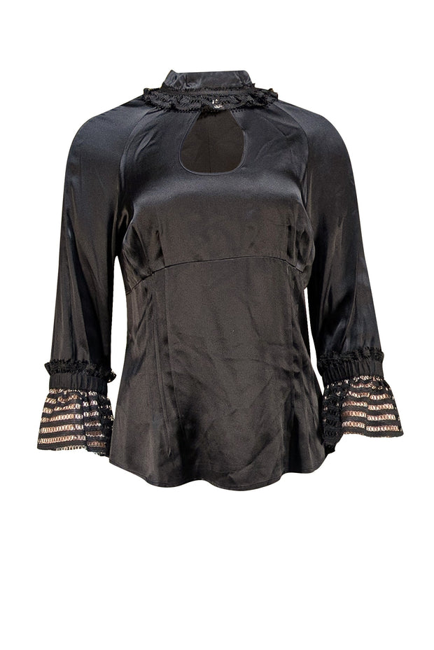Aysha Saeed - Black Silk Keyhole Bust Lace Trim Bouse Sz 10 - Current Boutique