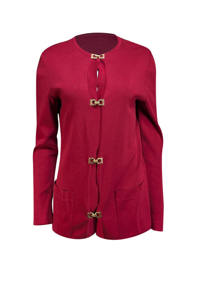 Salvatore Ferragamo - Red Gold Lock Button Cardigan Sz S - Current Boutique