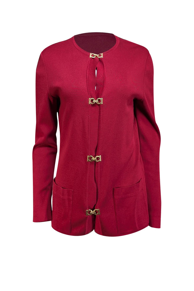 Salvatore Ferragamo - Red Gold Lock Button Cardigan Sz S - Current Boutique