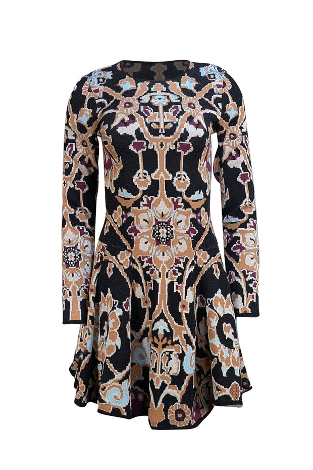 Ronny Kobo - Black, Tan, Blue, & Maroon Print Drop Waist Knit Dress Sz M - Current Boutique