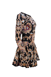 Ronny Kobo - Black, Tan, Blue, & Maroon Print Drop Waist Knit Dress Sz M - Current Boutique