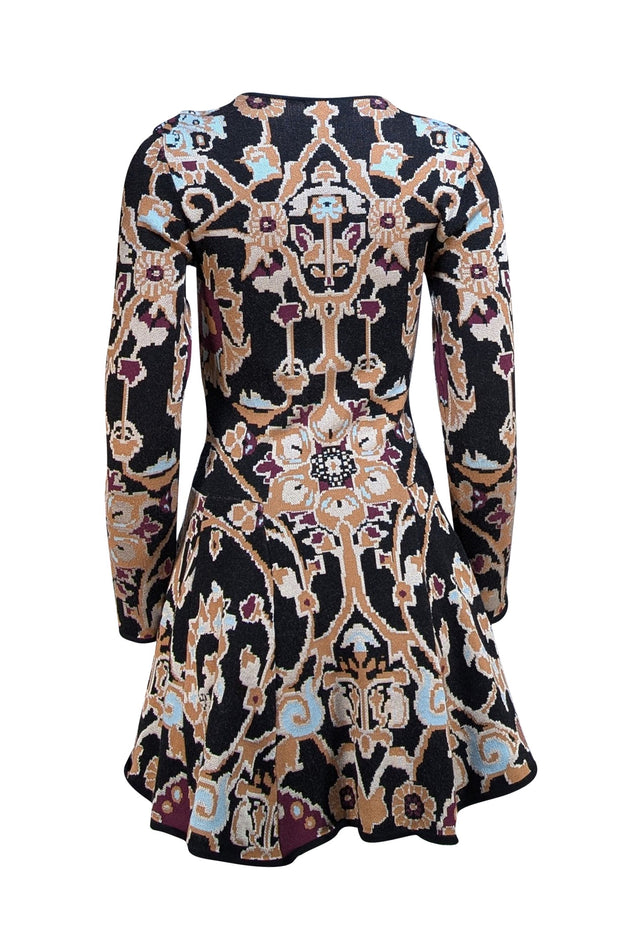 Ronny Kobo - Black, Tan, Blue, & Maroon Print Drop Waist Knit Dress Sz M - Current Boutique