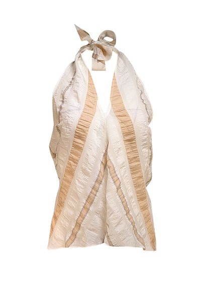 Pearl by Lela Rose - White & Beige Textured Stripe Halter Top Sz M - Current Boutique