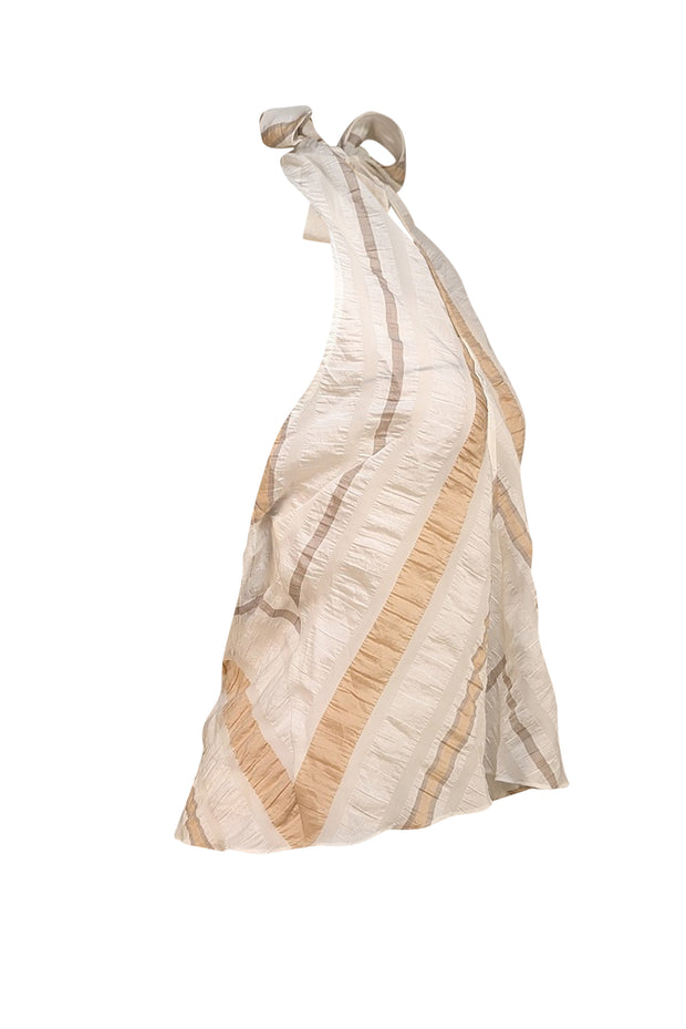 Pearl by Lela Rose - White & Beige Textured Stripe Halter Top Sz M - Current Boutique